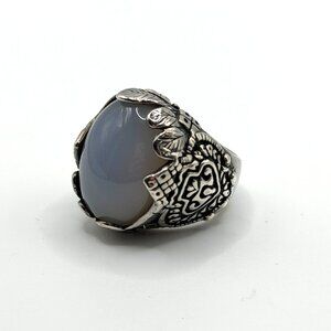 Vintage Silver Statement Ring With Ornate Engravings & Oval Stone